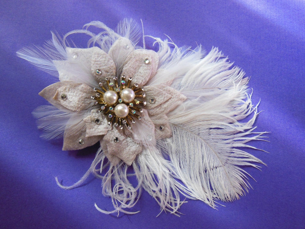 Pearl Ivory Feather Fascinator,Champagne Flower, Bridal, Hair Accessory, Swarovski Crystal, Head Piece, Limited Edition, Batcakes Couture