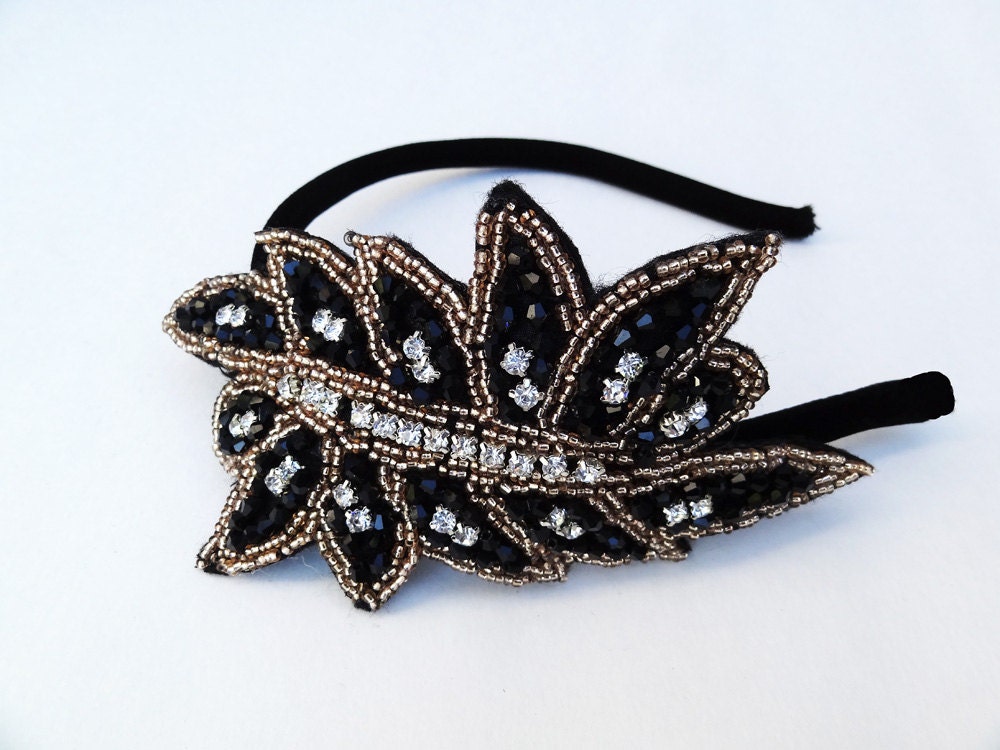 Black Beaded Headband, Crystal Rhinestone Head Piece, Gold Beaded, 1920s Flapper Style, Hair Accessory, Fascinator, Batcakes Couture