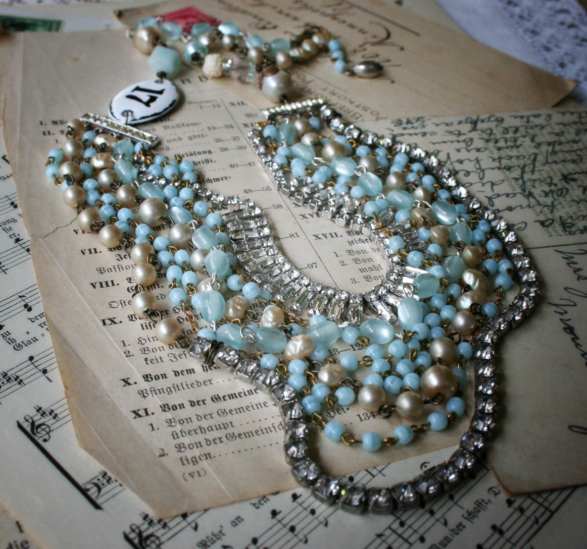 Seventeen - Multi Layered Assemblage Necklace with Rosaries, Rhinestones and Vintage Elements