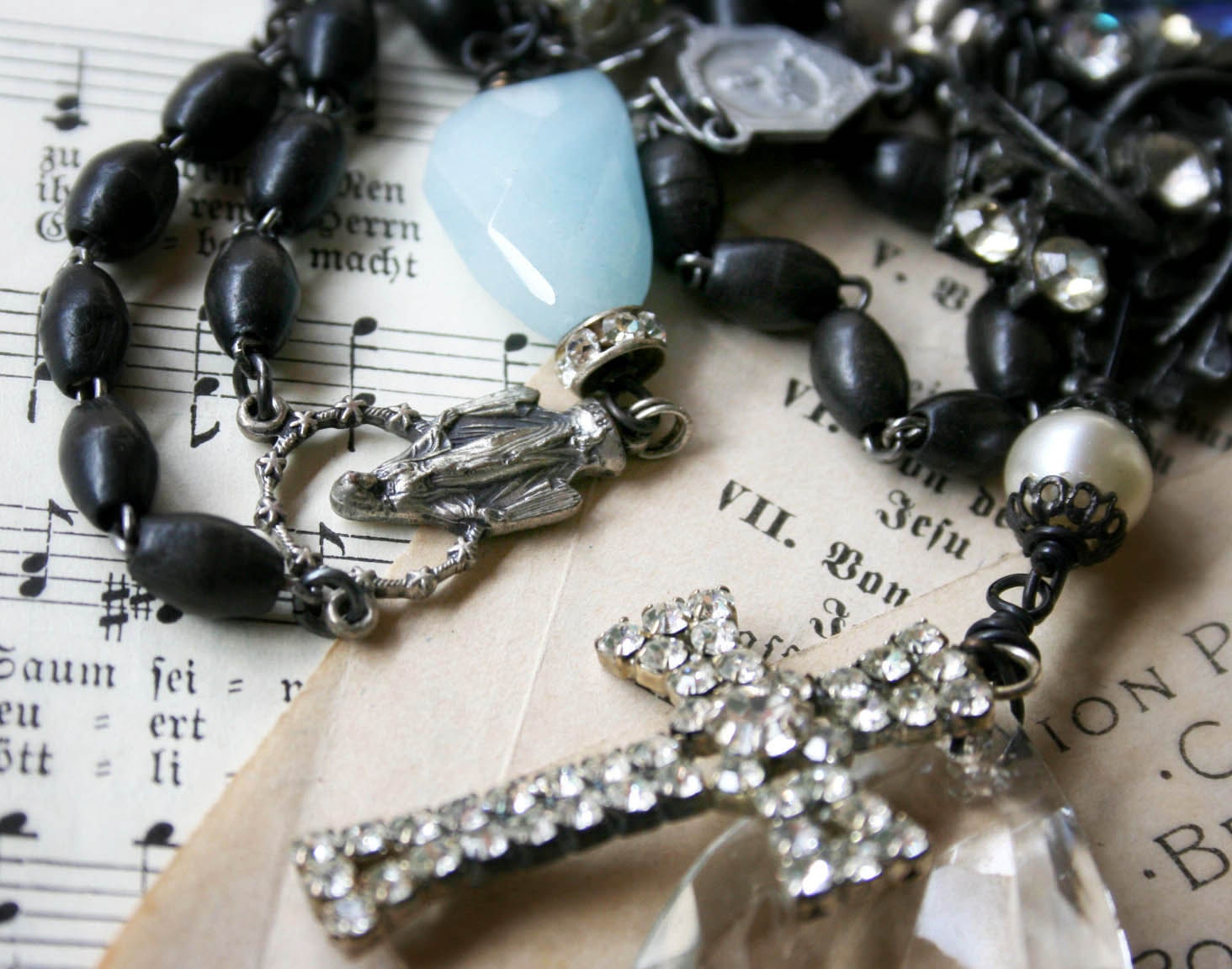 Blue Prayer - Upcycled Assemblage Necklace with Rosaries, Rhinestones and Vintage Elements