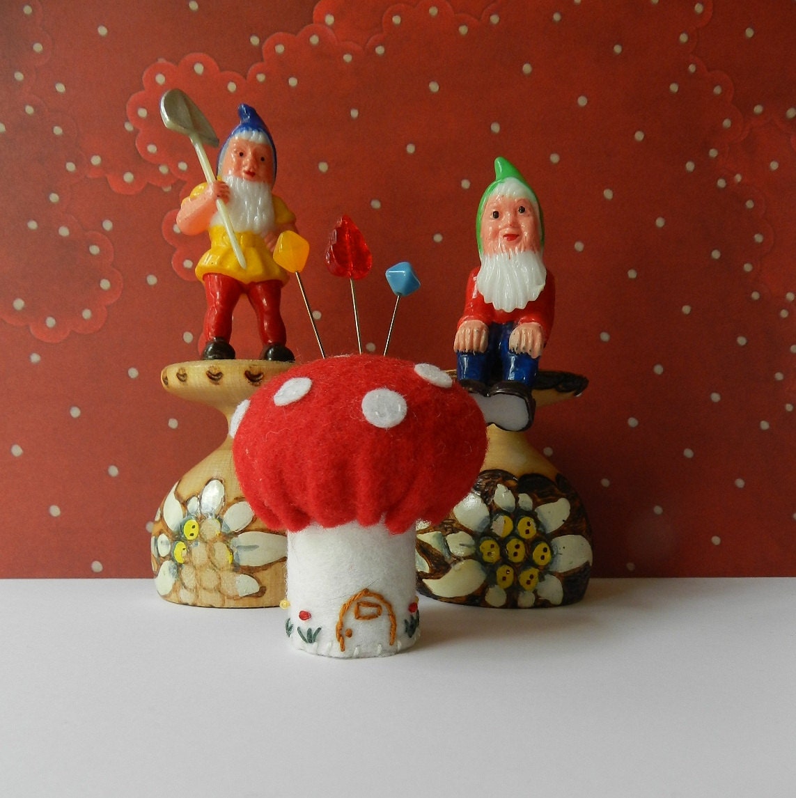 Red and White Mushroom Bottle Cap Pincushion