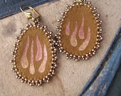 Tan Paw Print Earrings Painted Metallic Pink and Gold with Gold Beading