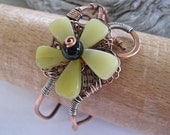 Handmade copper cuff flower bracelet OOAK lime green serpentine gemstones black onyx center wire wrapped with sterling silver wire