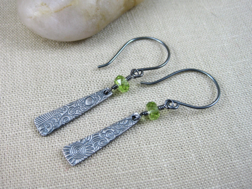 Peridot Dangle Earrings Recycled Silver PMC Floral Pattern August Birthstone - Crazy Daisy