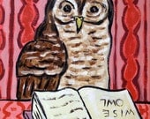 Smart owl Reading a Book Bird Art Print 8x10pop folk abstract art library