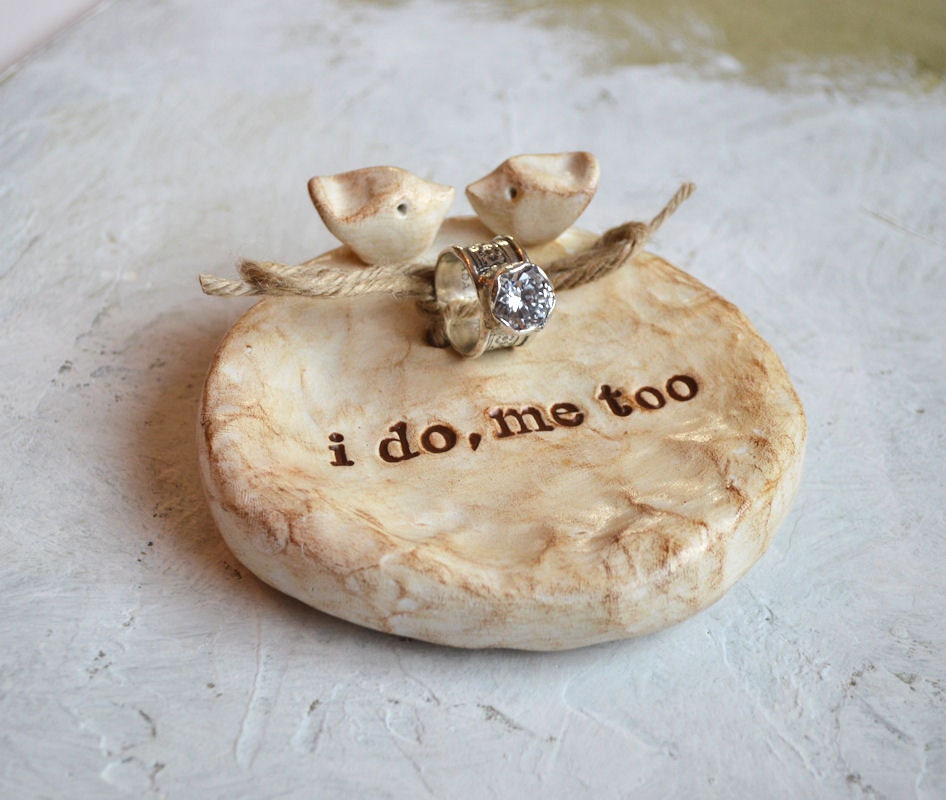 Package deal ... Wedding ring bearer bowl AND cake topper lovebirds to match ... i do, me too