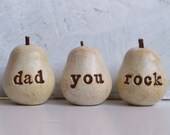 Fathers Day gift for dad ... dad you rock ...Three handmade decorative polymer clay pears ... 3 Word Pears, white
