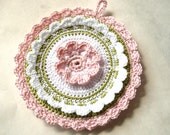 Potholder Pale Pink - White  - Pale Green Cotton  Handmade Crochet Kitchen