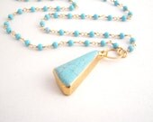 Turquoise Necklace With Turquoise Pendant - Rosary Style - Turquoise Blue - Gold - Southwestern
