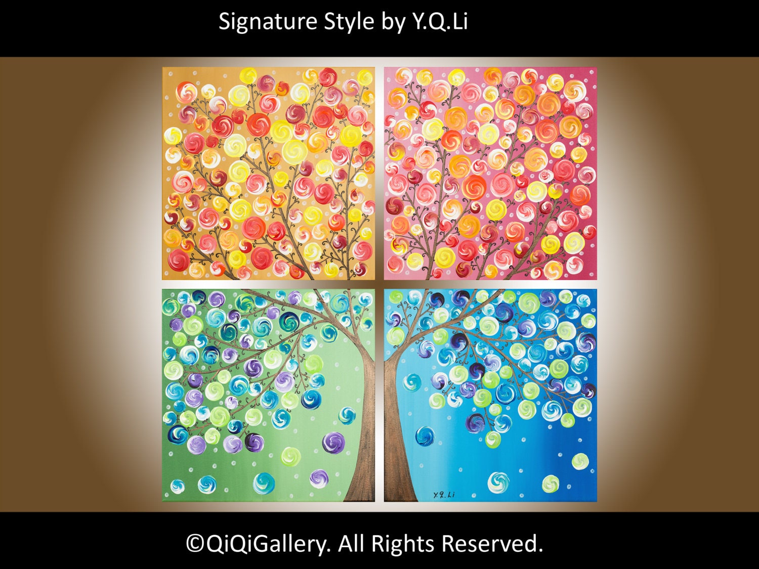 Original Four Seasons Painting - Large Square Original Modern  Art On Canvas Painting Tree Wall Decor "365 Days of Happiness III"