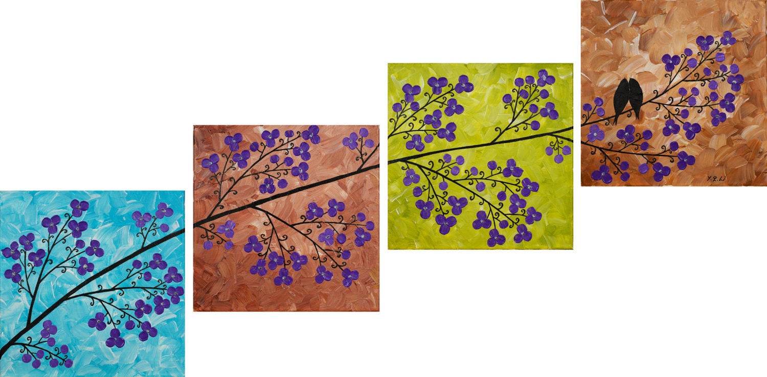 Original contemporary Modern Heavy Texture Palette Knife Tree, birds "Spring Blossom Love Birds"
