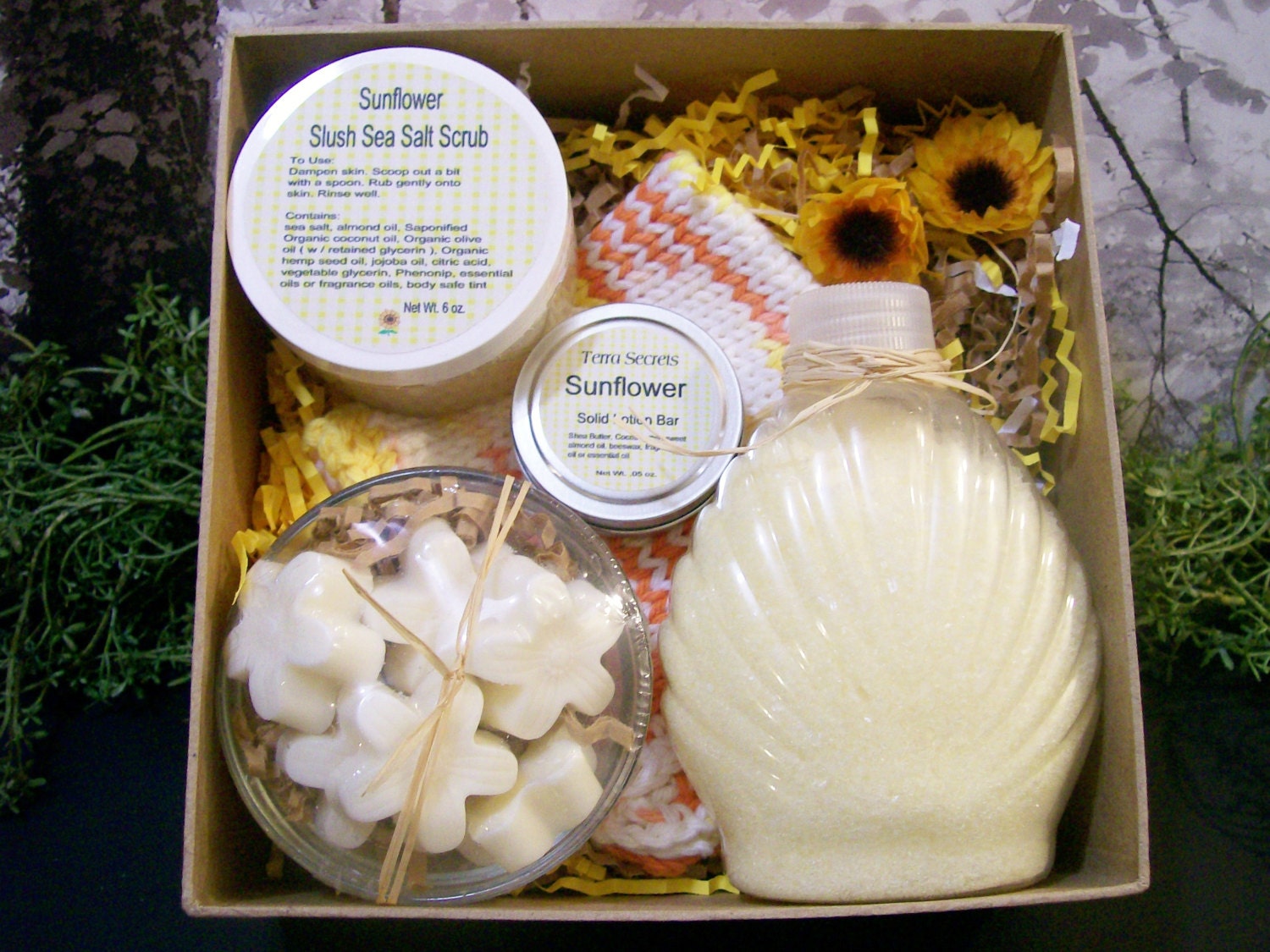 Sunflower Bath and Beauty gift box includes solid lotion body scrub bath salt soaps