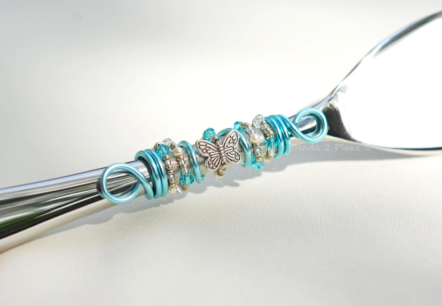 CUSTOM Beaded Cake Server Knife Cutter CHOOSE Your Wire, Charm, SWAROVSKI Crystal, Pearl Color -  Tiffany Blue And Silver Butterfly Wedding