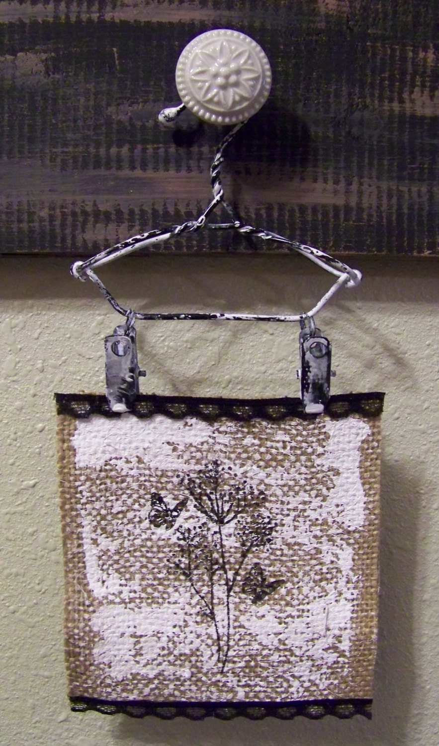 OOAK Handmade Cottage Chic Burlap Butterflies and Baby's Breath Wall Art with Vintage Shabby Hanger