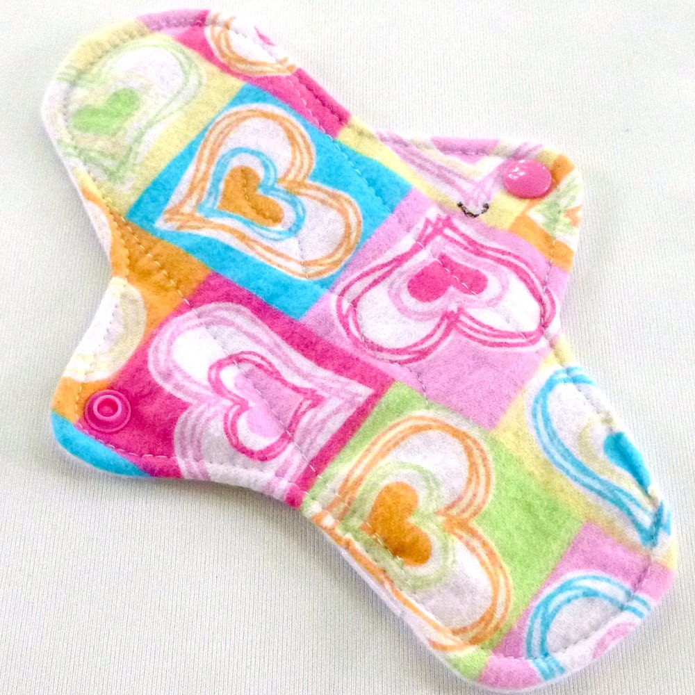 Reusable Cloth Menstrual Pad LIGHT Flow - waterproof PUL with wings - Patchwork Hearts - cotton flannel top