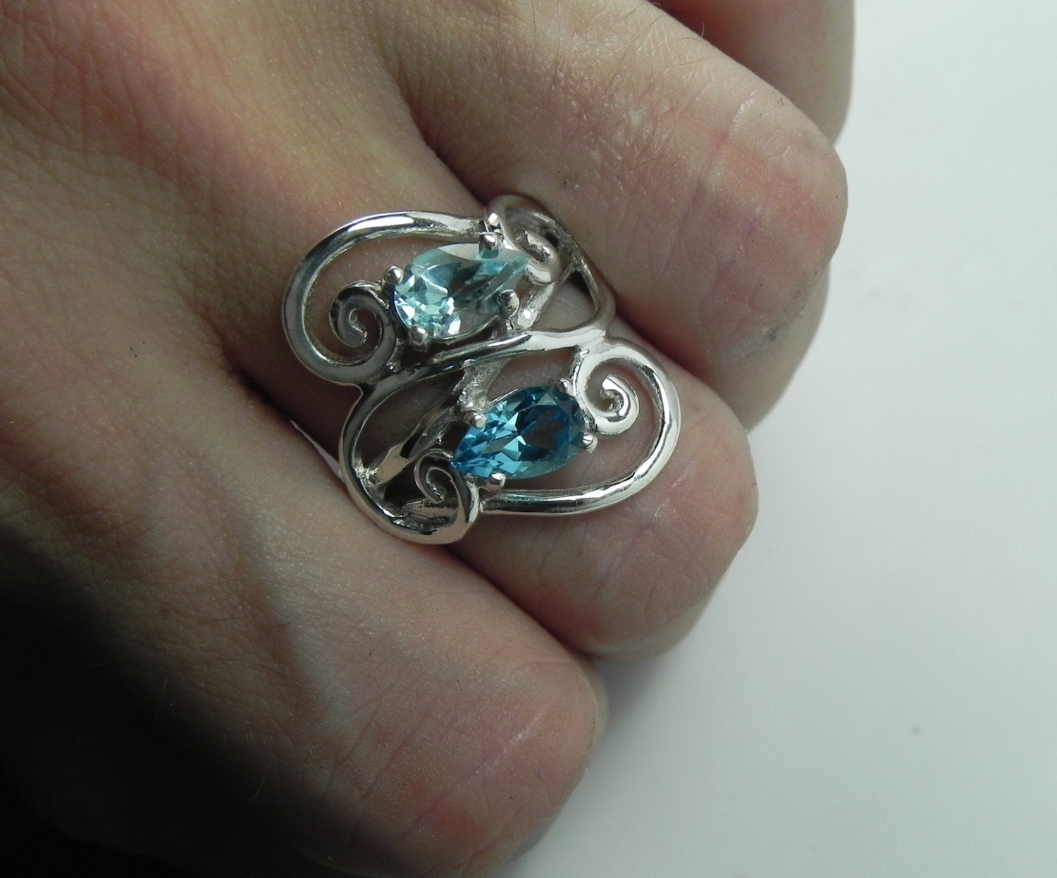 Blue Topaz Ring - Gemstone Wave Ring - Sterling Silver Swirl - BlueTopaz Jewelry - Aqua Turquoise Blue - Mothers Birthstone Ring