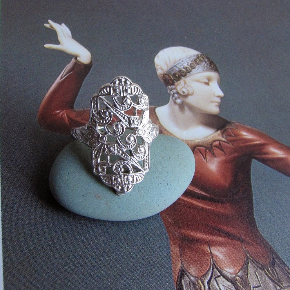 Vintage Art Deco Ring, Sterling Silver Filigree, 1920s Great Gatsby