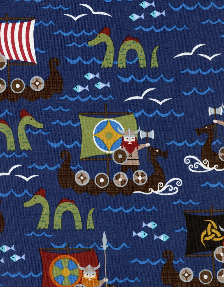 VIKINGS on BOATS Navy Blue Novelty Kids ORGANIC Cotton Viking Pirate Quilt Fabric - by the Yard