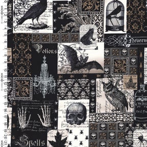 Michael Miller NEVERMORE COLLAGE Black - Cotton Quilt Fabric - by the Yard