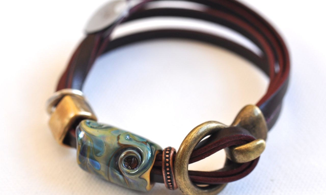 Burgundy Multi-Piece Leather, SRA Blues and Greens Lampwork and Multiple Metal Bracelet