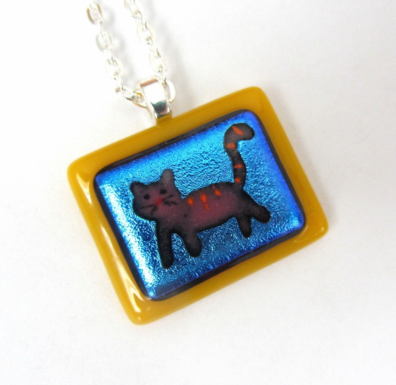 Pink Cat Fused Glass Pendant Necklace