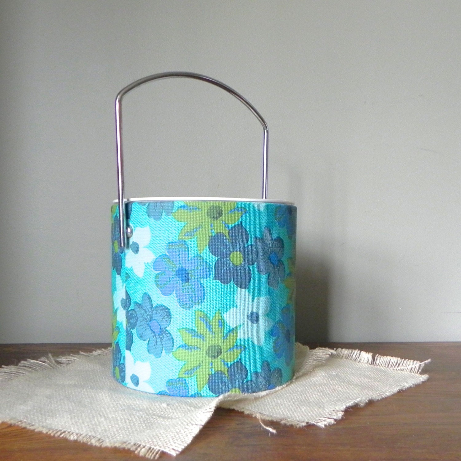 Groovy vintage ice bucket with blue and green flowers use as planter perhaps  retro barware  - 1970s or 1960s