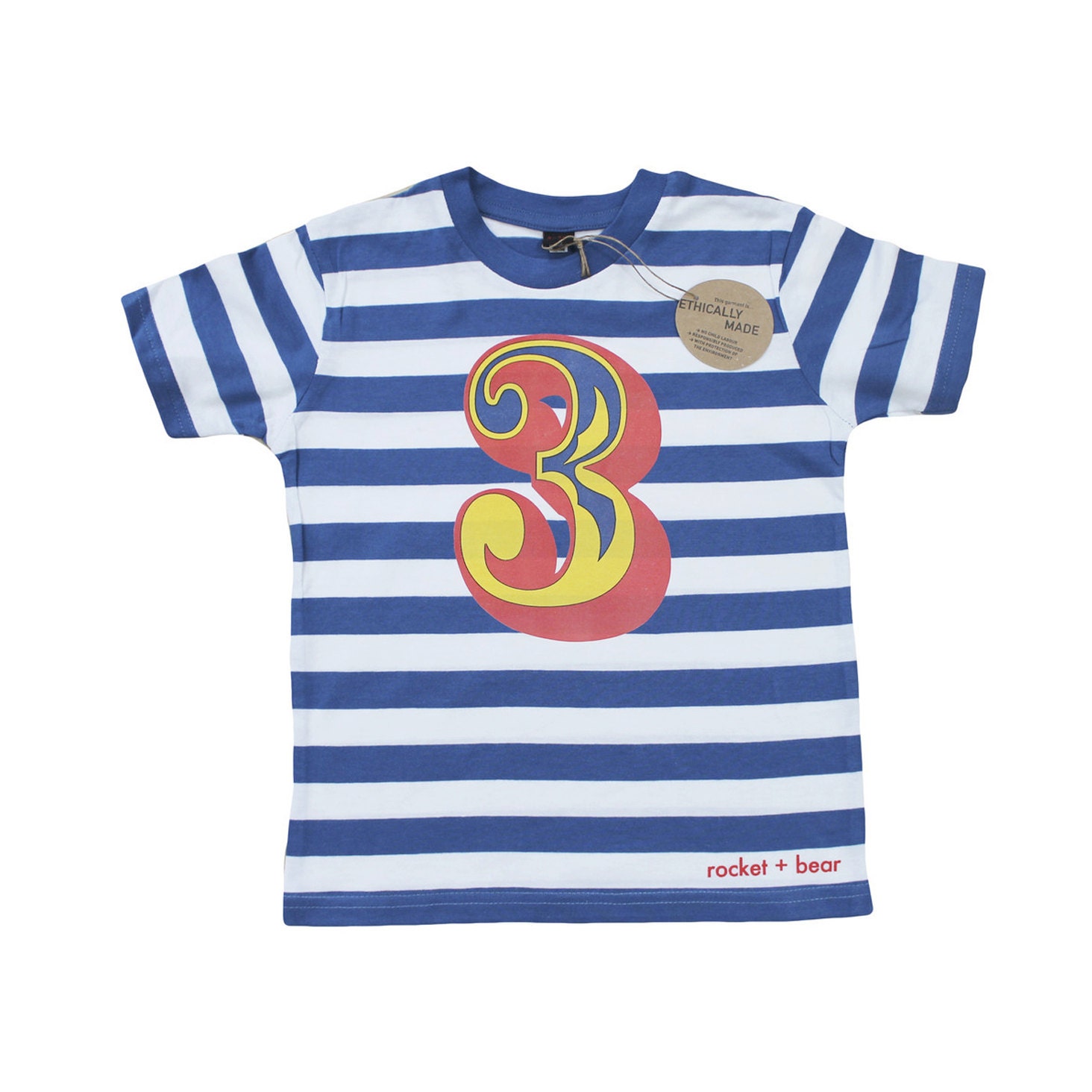 Circus Font Number Three on Blue and White Stripe T Shirt