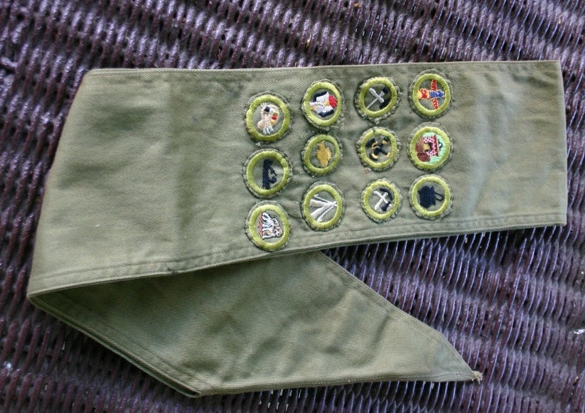 Vintage 1950s Boy Scout Merit Badge Patch Sash - 12 Patches