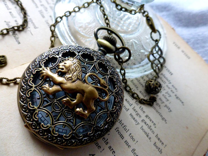 Steampunk Majestic Lion Pocket Watch Pendant Statement Necklace
