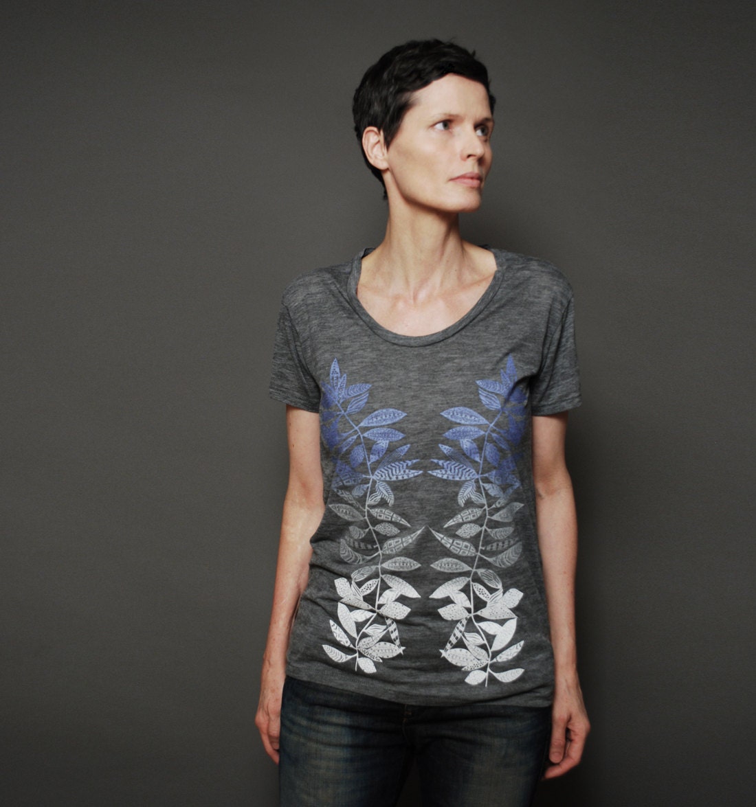 Womens Summer Fashion Tshirt - Ombre Twig Leaf Ash Grey Shirt - Loose Fit Shirt