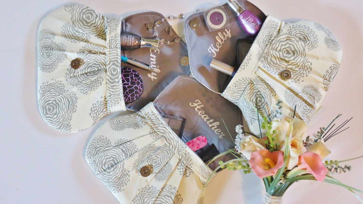 Set of 3 Bridesmaids Clutches - Custom Made in fabric of your choice, Monogram Included