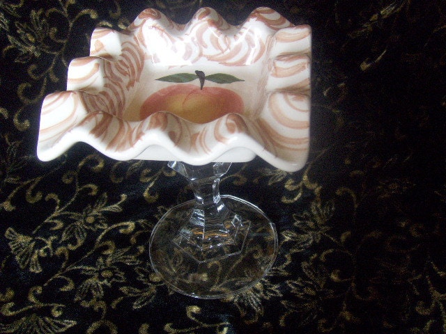 Vintage Crystal Glass and Pottery Cupcake Pedestal Plate Bowl Peach Theme