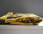 vintage. vera. bright yellow orange and black paisley floral tablecloth. table cloth. linen. 1960s.