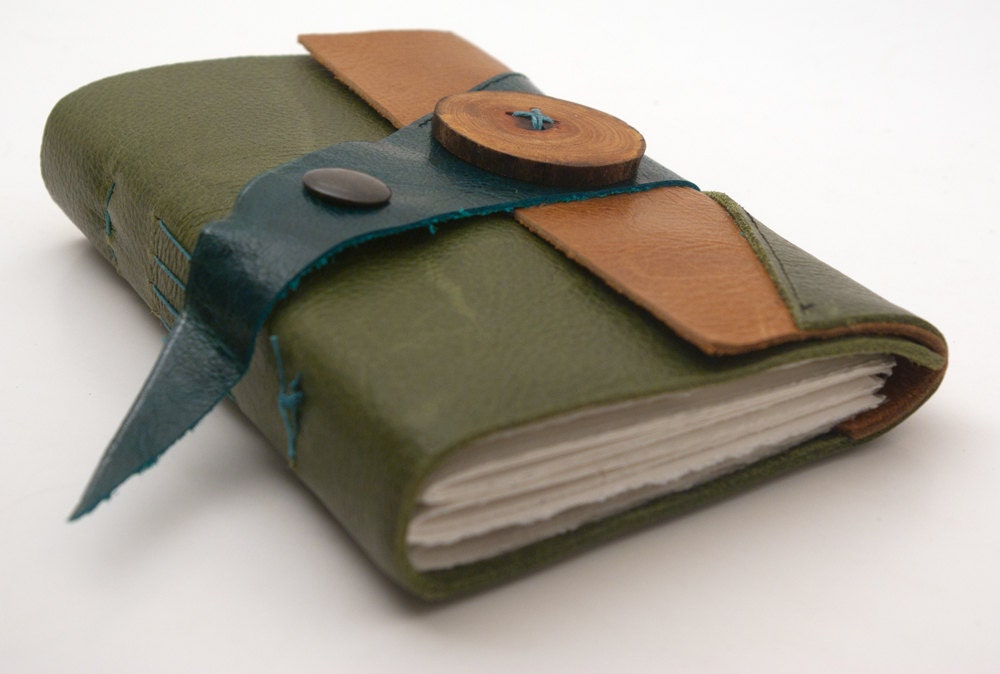 Natural Leather Journal or Sketchbook (med) - Teal and Green