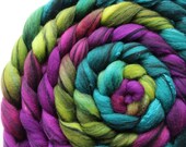Hand Painted Roving Artisan Spinning Fiber Cormo Fleece Blended with Organic Merino, Mulberry Silk Angelina  5.9 oz "Tourmaline Humbug"