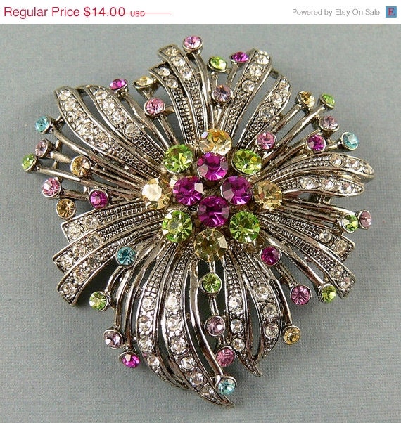 Vintage Brooch Multi Color Rhinestones