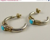 Vintage Southwestern Sterling Silver Turquoise Hoop Earrings