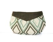 zip clutch // mid-century inspired mint and gray geometric canvas - brown herringbone canvase // small clutch with zipper - make-up pouch