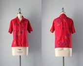 Vintage Swallow Blouse / 1980s Rayon Bird Blouse / Red Novelty Swallow Top