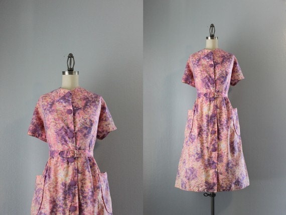 60s Dress / Vintage 1960s Pink Cotton Day Dress / Fifties Shirtwaist Dress