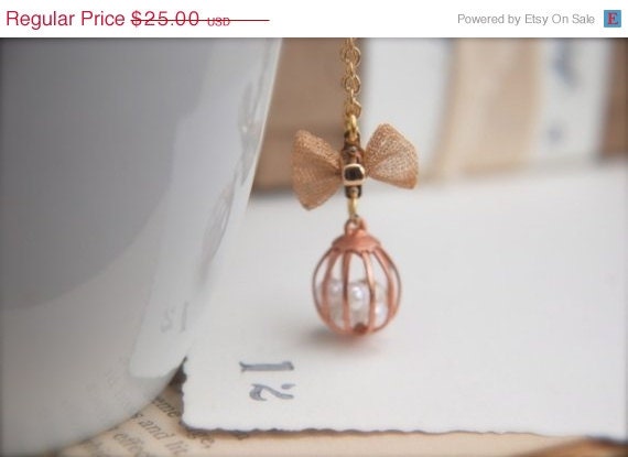 ON SALE Caged Innocence. A tiny vintage cage and mesh bow necklace.