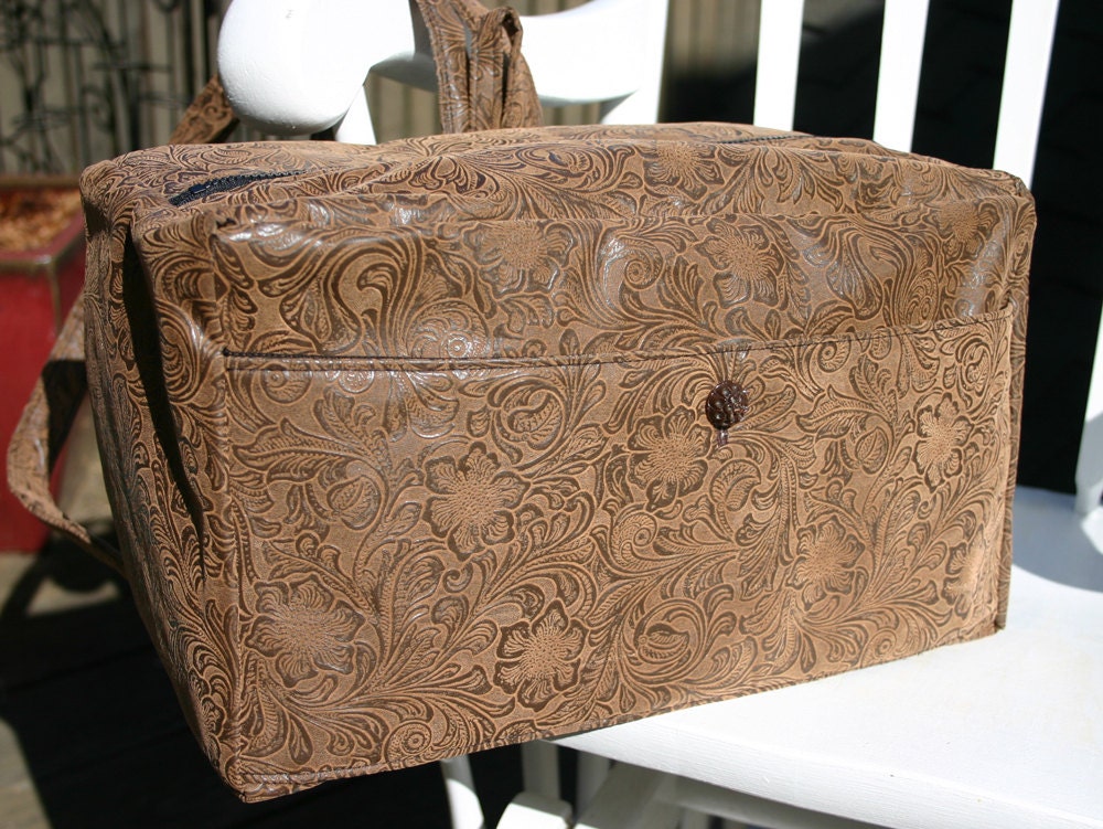 Brown and Black Tooled Pleather Backpack