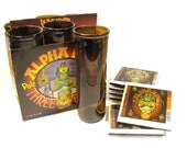 Six Pack Set of Recycled 3 Floyd's Alpha King Beer Bottle Drinking Glass Cups with six labeled ceramic coasters.