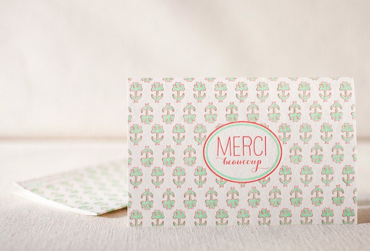 Letterpress Thank You Cards - Indiennes. Bamboo paper, patterned envelopes, set of 6 cards. 4-N12