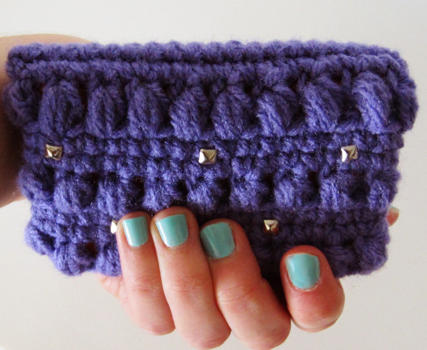 Kawaii crochet - Dark purple with mini studs and orange lining - coin purse - mini wallet