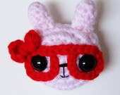 Kawaii Amigurumi Crochet - Pin Brooch - Pink Bunny with hipster glasses and red bow tie