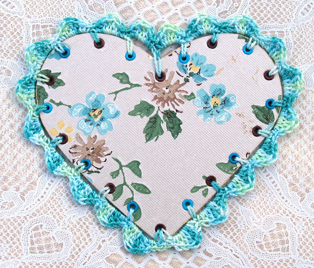 Mothers Day or Birthday or Anniversary Card - Heart Shape Vintage Wallpaper and Hand Crochet Edge With Decorative Label Card