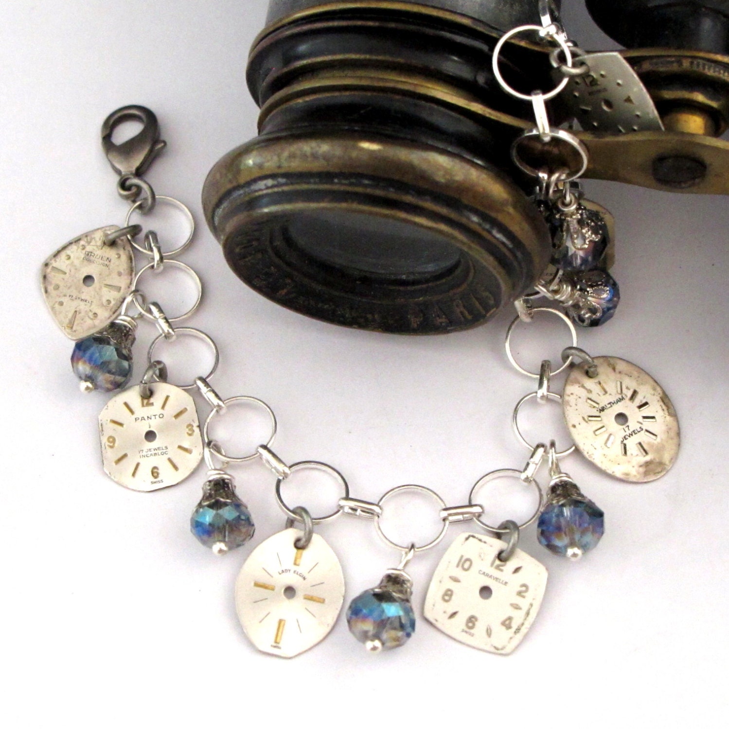Steampunk Charm Bracelet Vintage Watch Dials Tanzanite Crystals Exclusive Design By Mystic Pieces
