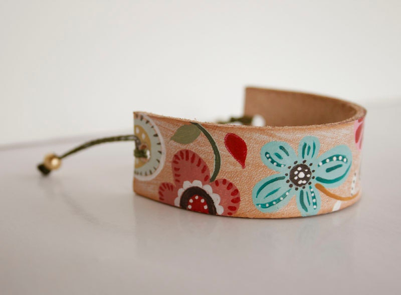 Hand Painted Leather Cuff - Bracelet - adjustable