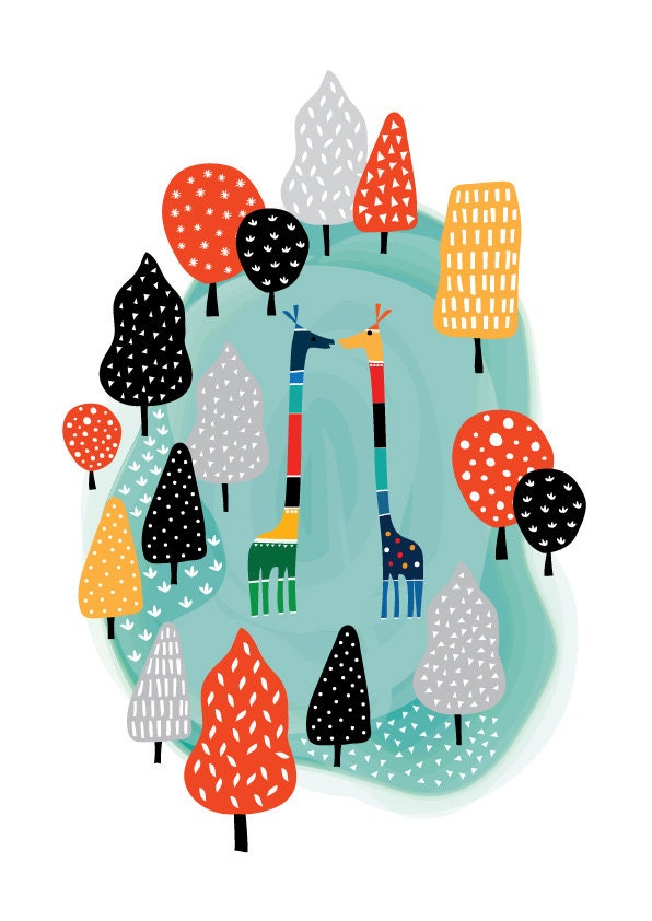 Giraffes dancing in the forest Art Print Animal Illustration Geomery Children decor, Kids Room, Wedding Birthday Anniversary Gifts